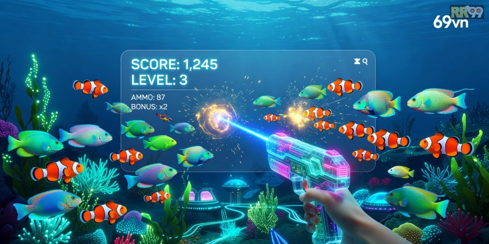 Khái niệm bắn cá online 69vn được minh họa qua giao diện game hiện đại với cá đa dạng