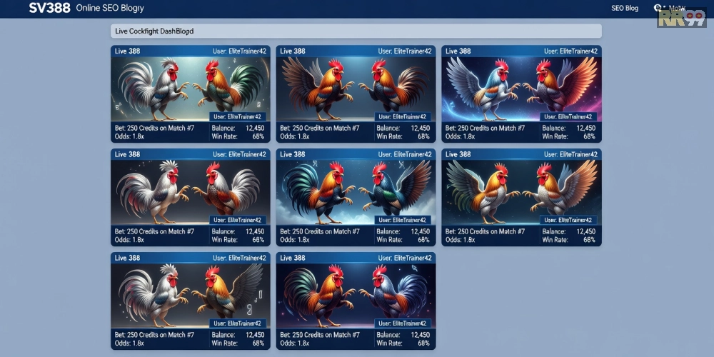 Giao diện trang web đá gà SV388 với các trận đấu trực tiếp và tùy chọn cá cược đa dạng